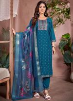 Rayon Sky Blue Traditional Wear Embroidery Work Readymade Kurti Set